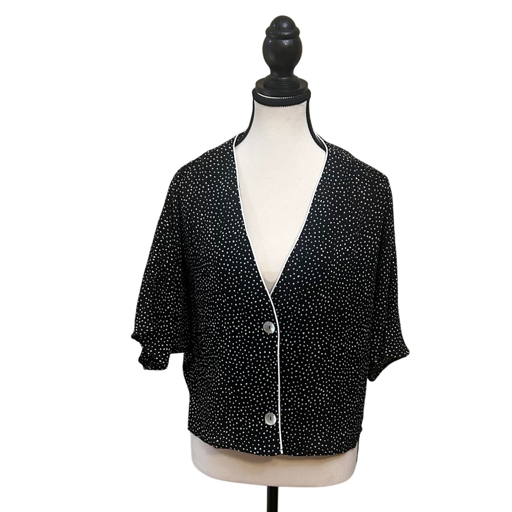 Fanco Polka Dot Button Down Top Blouse Short Sleeve V-Neck Black‎ Small